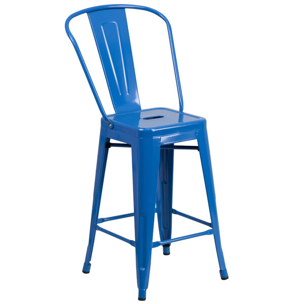 A blue metal Flash Furniture counter height stool with a seat.