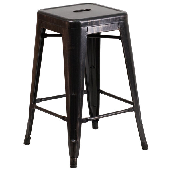 Flash Furniture CH-31320-24-BQ-GG 24" Black-Antique Gold Stackable Metal Indoor / Outdoor Backless Counter Height Stool with Square Drain Seat