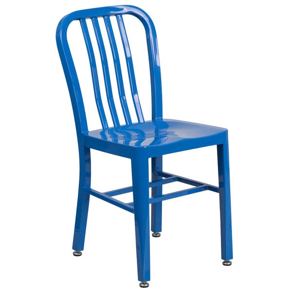 A blue metal chair with a vertical slat back.