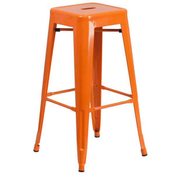 An orange Flash Furniture bar stool with metal legs and a square seat.
