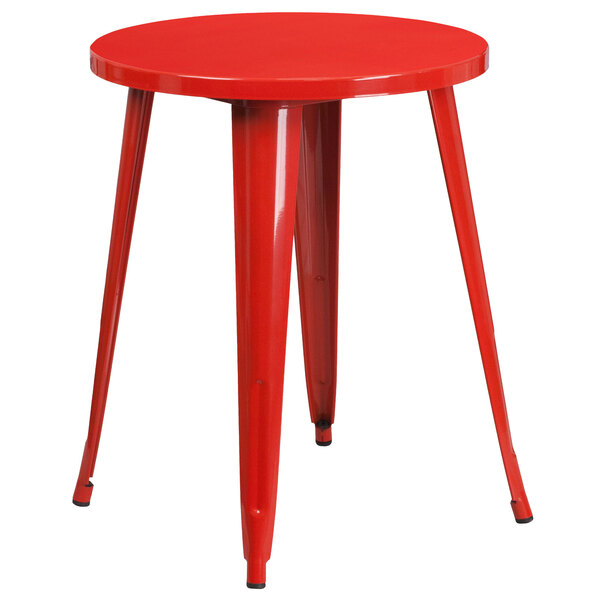 A red round Flash Furniture metal table with legs.