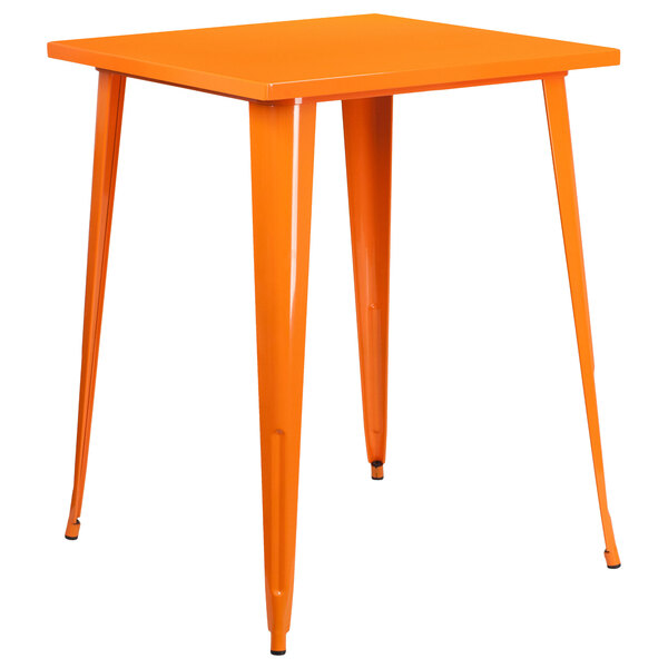 An orange square Flash Furniture bar height table with metal legs.