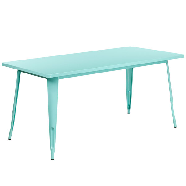 A blue rectangular Flash Furniture metal cafe table with legs.