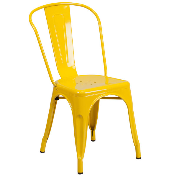 Flash Furniture CH-31230-YL-GG Yellow Stackable Galvanized Steel Chair with Vertical Slat Back and Drain Hole Seat