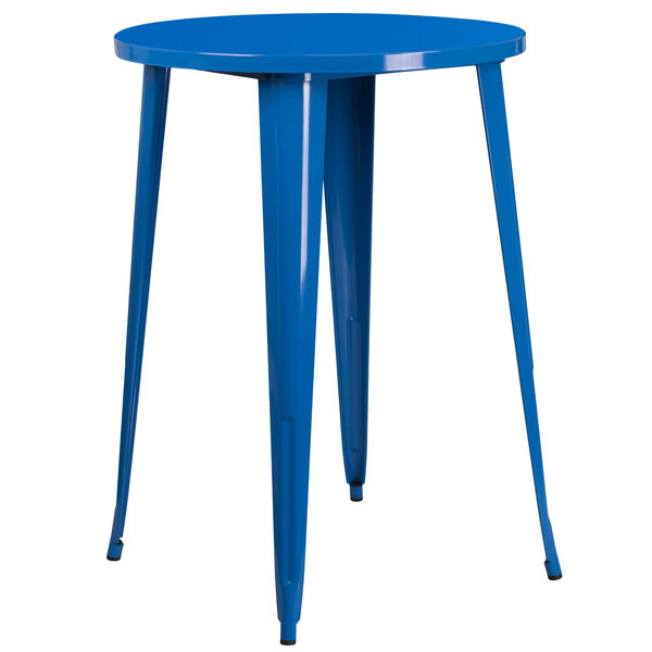 A Flash Furniture blue metal round bar height table with legs.