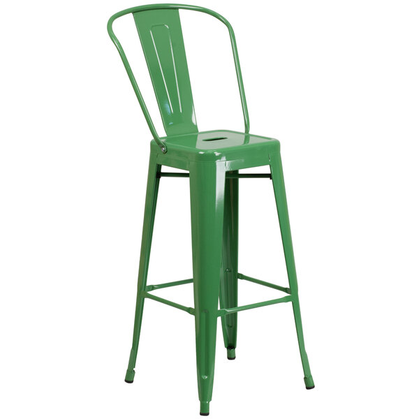 A Flash Furniture green galvanized steel bar stool with backrest and a drain hole seat.