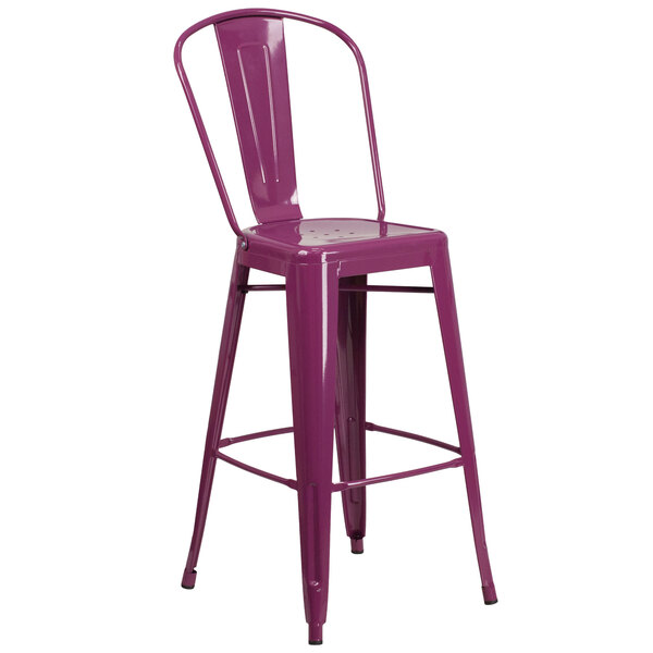 A purple Flash Furniture galvanized steel bar stool with a back.