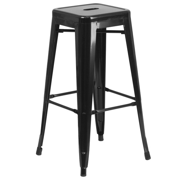 Flash Furniture CH-31320-30-BK-GG 30" Black Stackable Metal Indoor / Outdoor Backless Bar Height Stool with Square Drain Seat