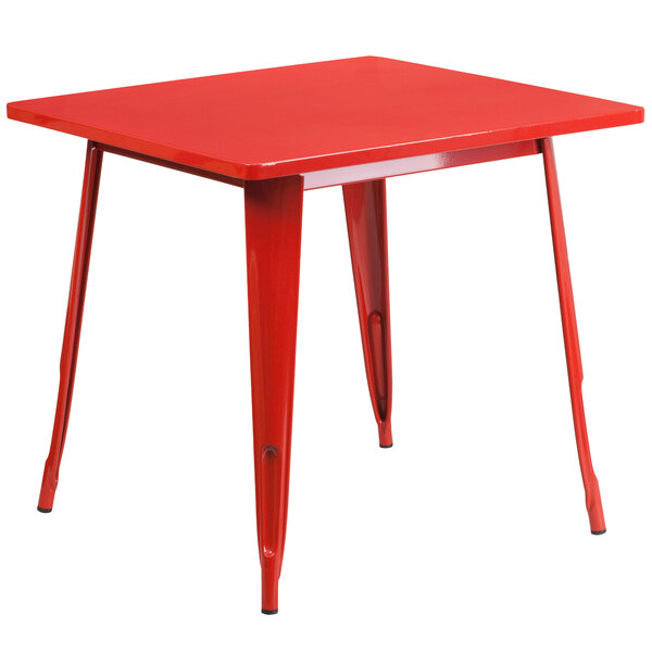 A Flash Furniture red metal square table with legs.