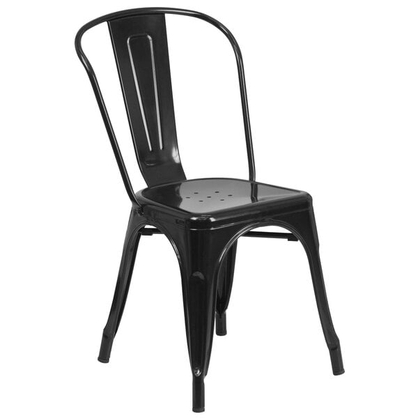 A black metal Flash Furniture outdoor restaurant chair with a slat back.