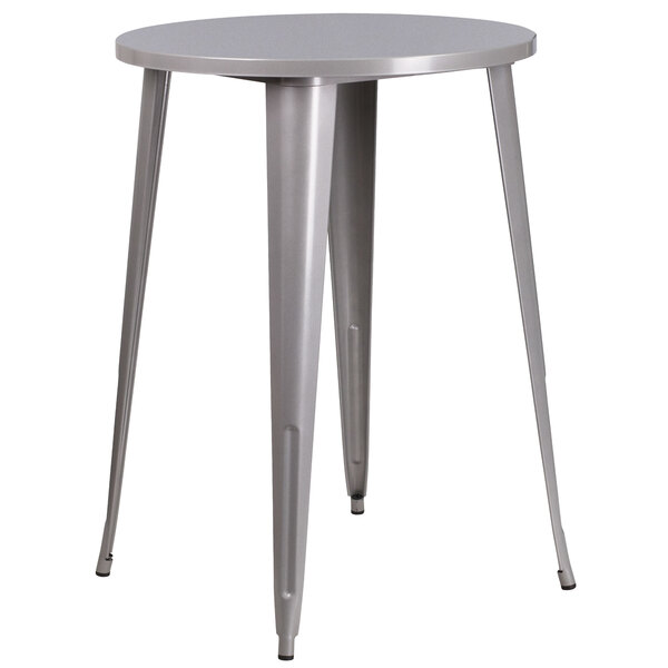 A Flash Furniture silver metal round bar height table with legs.