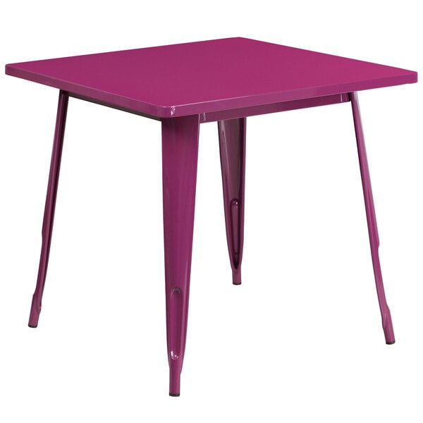 A Flash Furniture purple metal square cafe table with legs.