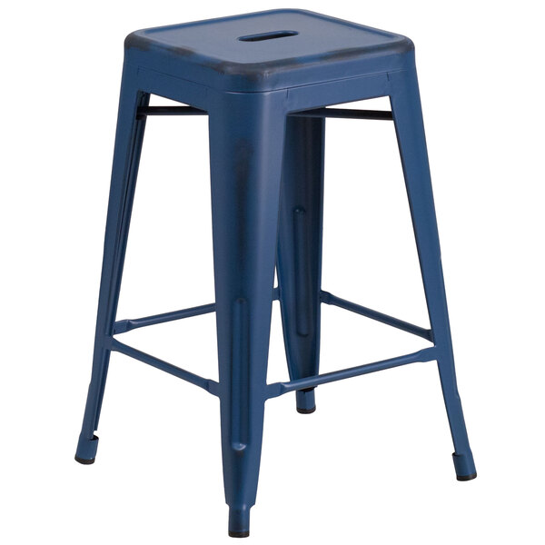 A Flash Furniture blue metal backless counter height stool with a square seat.