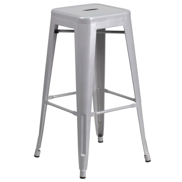 Flash Furniture CH-31320-30-SIL-GG 30" Silver Stackable Metal Indoor / Outdoor Backless Bar Height Stool with Square Drain Seat