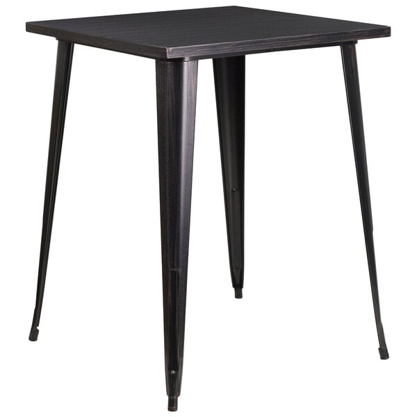A Flash Furniture black metal square bar height table with legs.