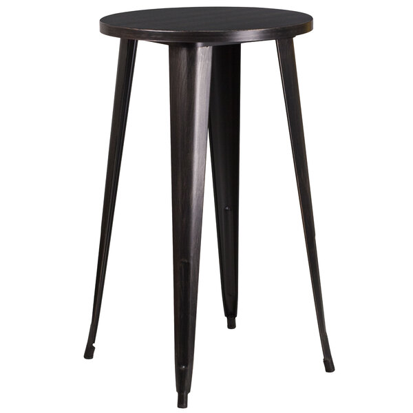 A Flash Furniture black metal round bar height table with legs.