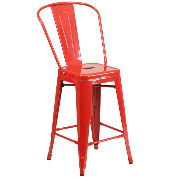 A red metal Flash Furniture counter height stool with a square seat and vertical slat back.