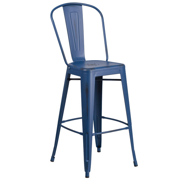Flash Furniture ET-3534-30-AB-GG 30" Distressed Antique Blue Metal Indoor / Outdoor Bar Height Stool with Vertical Slat Back and Drain Hole Seat