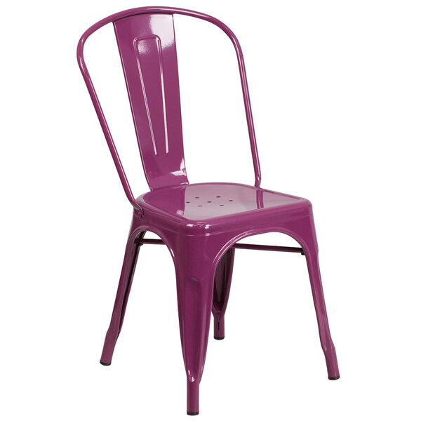Flash Furniture ET-3534-PUR-GG Purple Stackable Galvanized Steel Chair with Vertical Slat Back and Drain Hole Seat