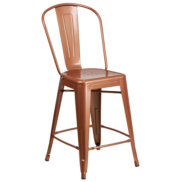 A brown metal Flash Furniture counter height stool with a copper seat and backrest with a drain hole.