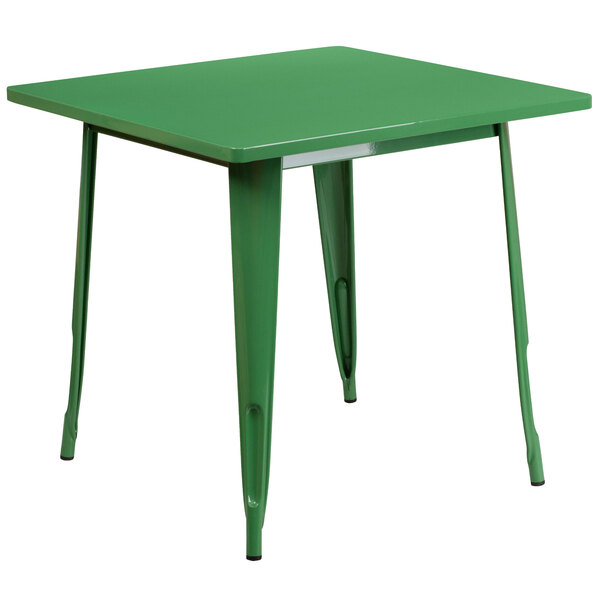 A green Flash Furniture metal square cafe table.