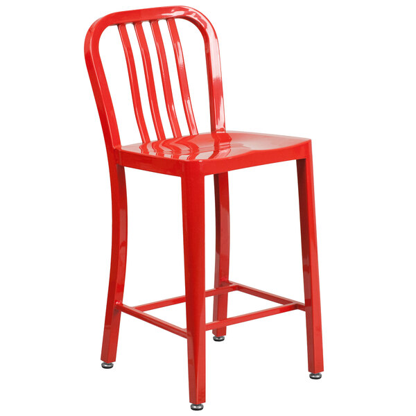 A red Flash Furniture metal counter height stool with a vertical slat back.