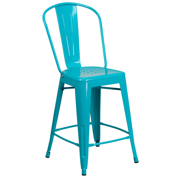 A Flash Furniture teal blue galvanized steel counter height stool with a slat back and drain hole seat.
