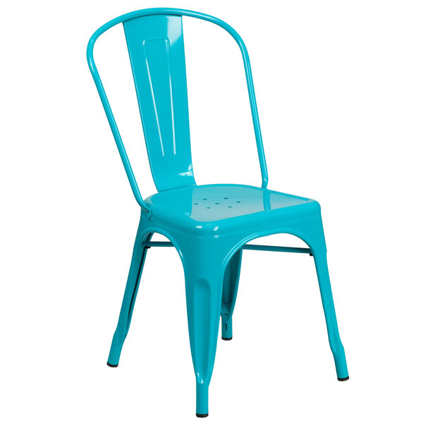 Flash Furniture ET-3534-CB-GG Crystal Teal Blue Stackable Galvanized Steel Chair with Vertical Slat Back and Drain Hole Seat