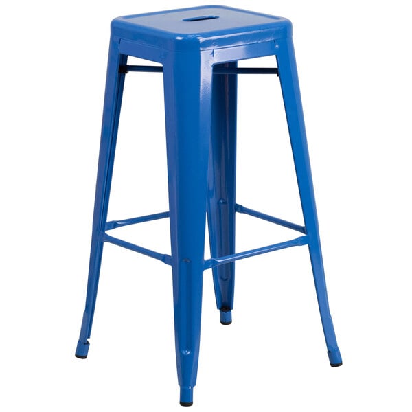 A Flash Furniture blue metal bar stool with a square seat.