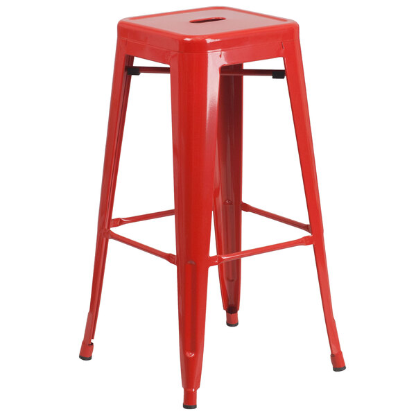 A Flash Furniture red metal bar stool with a square seat.