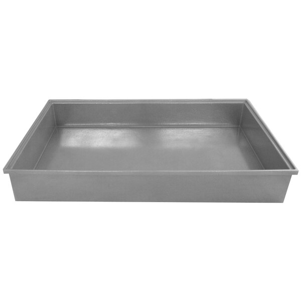 A grey rectangular metal Bon Chef Smart Bowl with a lid.