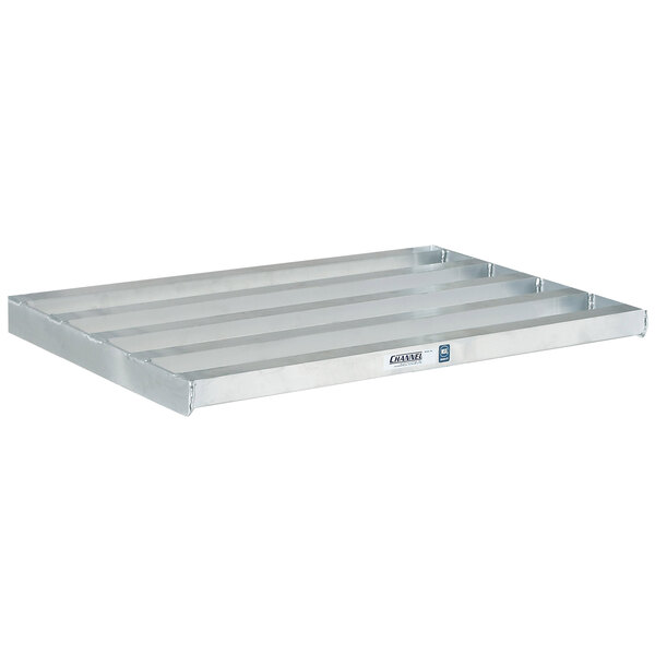 A Channel aluminum cantilever dunnage shelf with metal slats.