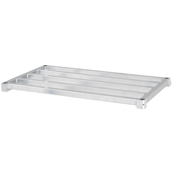 A Channel adjustable tubular aluminum shelf with four shelves on it.