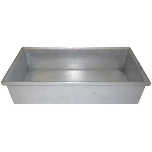 A Bon Chef Pewter-Glo rectangular pan in a silver shelf.