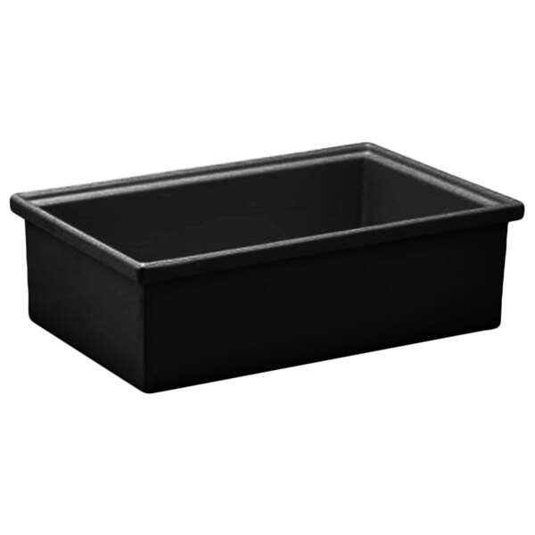 A black Bon Chef rectangular container with a lid on a counter.