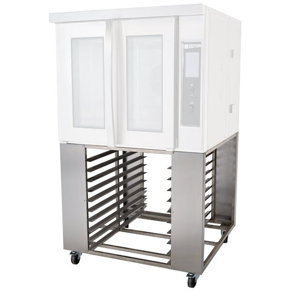 A stainless steel cabinet on wheels with glass doors.