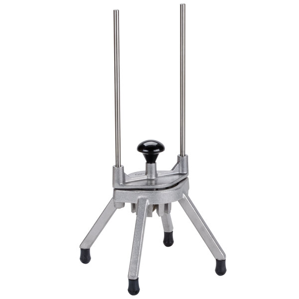 A Nemco Easy Wedger on a metal stand with two long metal poles.