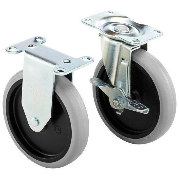 A Rubbermaid caster set with two grey rubber wheels and two black rubber wheels.