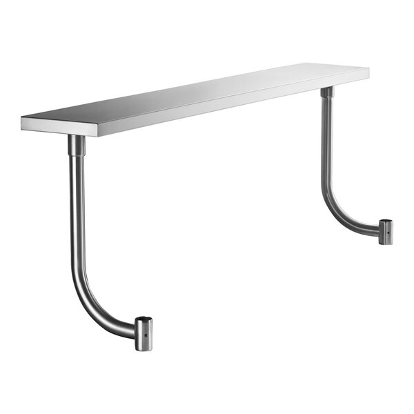 A rectangular stainless steel work surface with two curved metal support legs.