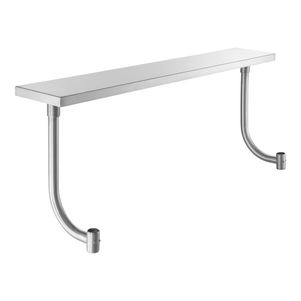 A rectangular stainless steel work surface with two curved metal support legs.
