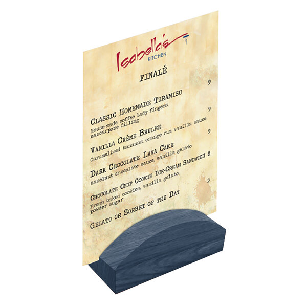 A Menu Solutions wooden rounded table card holder.