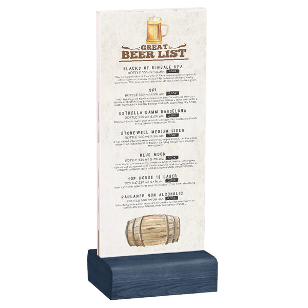 A Menu Solutions clear acrylic table tent with a denim wood base holding a drink menu on a blue surface.