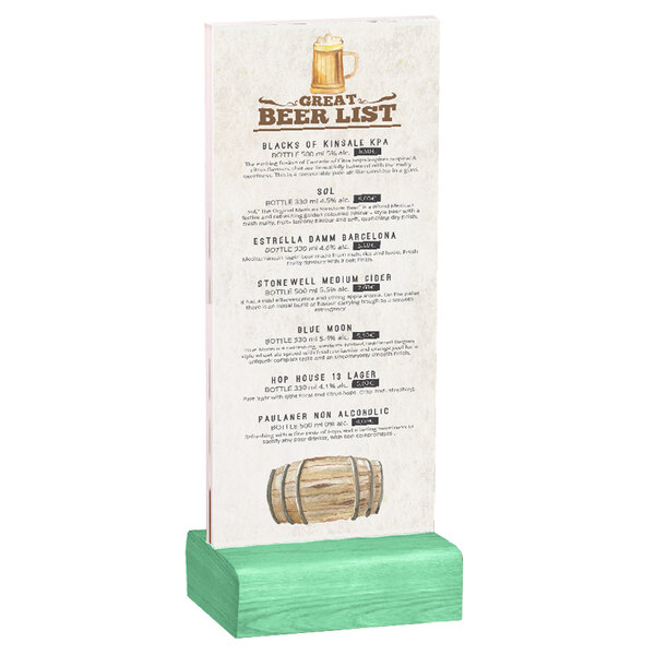A Menu Solutions clear acrylic table tent with a solid washed teal wood base holding a drink menu on a stand.