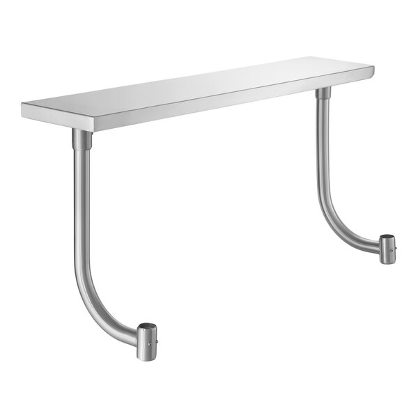 A rectangular stainless steel work surface with two curved metal support legs.
