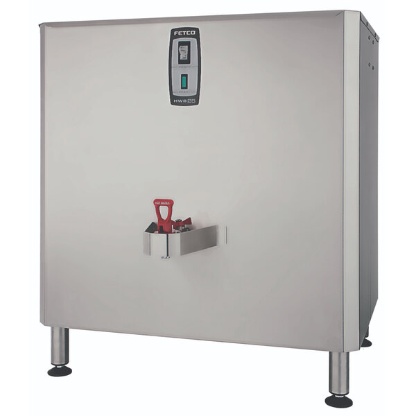 A large stainless steel rectangular hot water dispenser with a red handle.