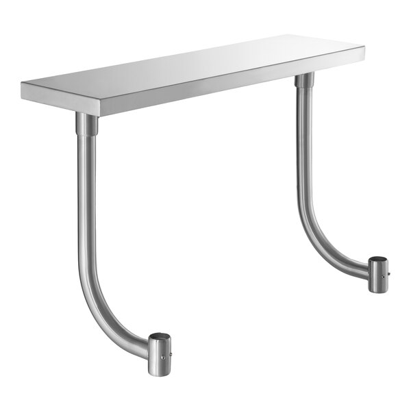 A rectangular stainless steel work surface with two curved metal support legs.