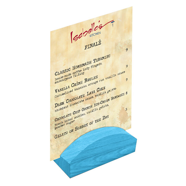 A Sky Blue wooden rounded table card holder.