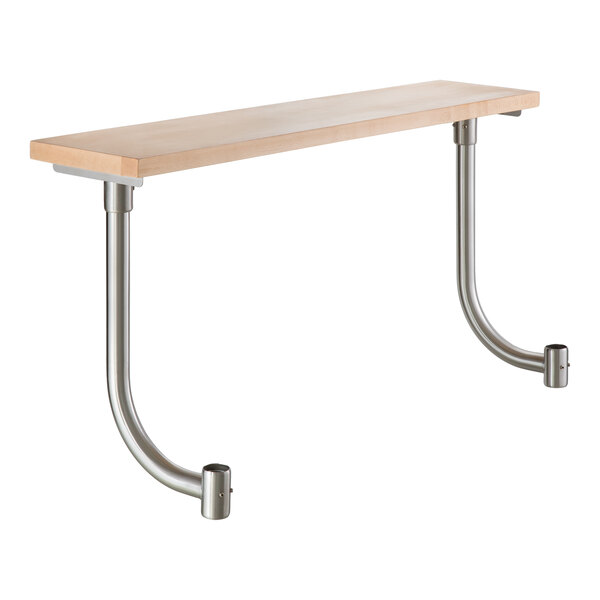 A rectangular wooden board with two curved metal legs attached underneath.