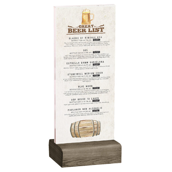 A Menu Solutions clear acrylic table tent with a weathered walnut wood base holding a drink menu.