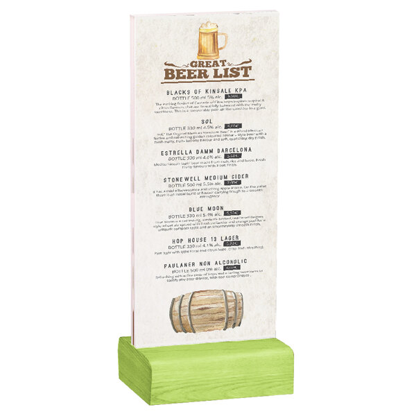 A Menu Solutions clear acrylic table tent with solid lime wood base holding a drink menu.